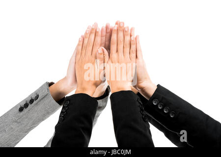 Concept à succès avec les mains sur l'air isolé sur fond blanc Banque D'Images