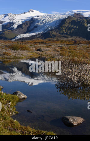 Falljokull Virkisjokull la belle et glaciers reflétée dans un étang dans le Parc National de Vatnajökull, au Sud Est de l'Islande Banque D'Images