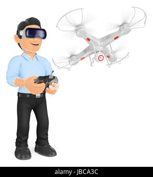 Jeunes 3d illustration. Jeune homme à l'essai d'un drone avec lunettes de réalité virtuelle. Isolé sur fond blanc. Banque D'Images