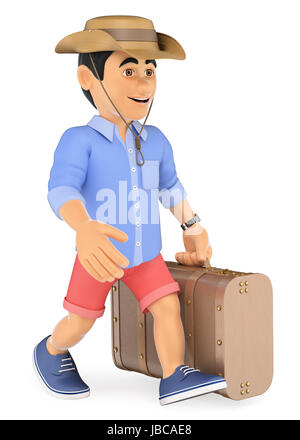 Jeunes 3d illustration. En short homme marchant avec une valise rétro et d'un capuchon. Isolé sur fond blanc. Banque D'Images