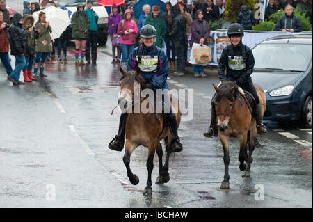 Llanwrtyd Wells, Royaume-Uni. 10 juin 2017. Les cavaliers et les chevaux ensemble d'après les coureurs. Journée humide pour les concurrents dans l'homme V Horse Marathon. Porteur et chevaux en compétition dans les quelque 35 km homme cheval robuste sur marathon V terrain gallois. L'événement est parrainé par toute la terre et les aliments a été conçu en 1980 par Gordon Green après avoir entendu un débat à la pub Neuadd Arms, Llanwrtyd Wells, à savoir si l'homme était égale à l'exécution de cross country à distance. Credit : Graham M. Lawrence/Alamy Live News Banque D'Images