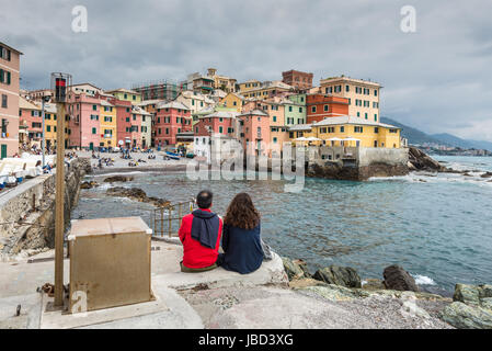 Gênes, Italie - 14 mai 2017 : l'ancien village de pêcheurs sur la mer à Gênes, Italie, Boccadasse. Banque D'Images