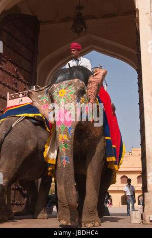Mahout équitation un éléphant décoré par l'entrée de Fort Amber à Jaipur, Rajasthan, Inde. Banque D'Images