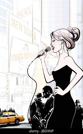 Jazz Band et la chanteuse jouant à New York - vector illustration Illustration de Vecteur