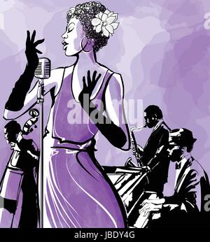 La chanteuse de jazz avec le saxophone, la contrebasse et piano - Vector illustration Illustration de Vecteur