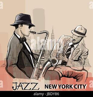 Deux saxophoniste de jazz jouant à New York - vector illustration Illustration de Vecteur