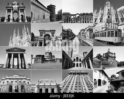 Retro Vintage à des sites célèbres et monuments historiques collage à Milan, Italie Banque D'Images