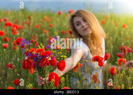 Belle jeune femme dans champ de coquelicots tenant un bouquet de coquelicots bouquet - se concentrer sur les Banque D'Images