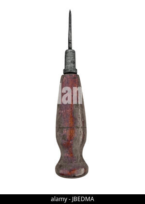 Vintage 19 siècle rusty awl avec poignée en bois sur fond blanc, chemin de détourage Banque D'Images