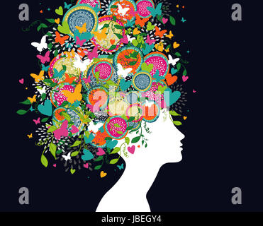 Profil femme abstraite avec des fleurs, des papillons et des coeurs dans les cheveux. Couches d'illustration vectorielle pour une manipulation facile et coloris. Banque D'Images