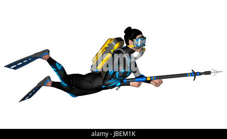 Numérique 3D render of a female diver avec un fusil à harpon isolé sur fond blanc Banque D'Images