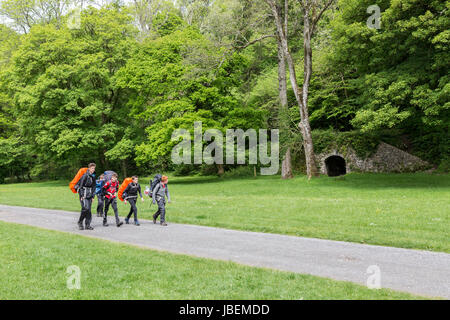 Groupe de jeunes gens marchant à travers Parc le Breos passé un vieux four à chaux. Mcg vert, Gower, Pays de Galles, Royaume-Uni Banque D'Images