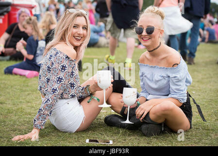 Les festivaliers en face de la scène principale du jour 3 de l'Isle of Wight Festival 2017, Seaclose Park, Île de Wight. Banque D'Images