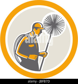 Illustration d'un ramoneur holding sweeper et corde vu de côté situé à l'intérieur du cercle sur fond isolé fait en style rétro. Banque D'Images