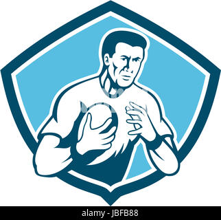 Illustration d'un joueur de rugby running passer la balle à l'intérieur set shield crest fait en cartoon style sur fond isolé. Banque D'Images