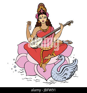 Saraswati déesse hindoue. Vector illustration dessiné à la main. Banque D'Images