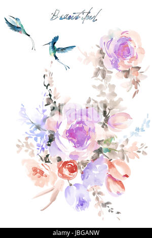 Aquarelle oiseaux fleurs rose Banque D'Images