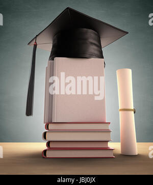 Graduation cap sur la pile de livres. Votre image ou texte sur la couverture d'adresses. Chemin de détourage inclus. Banque D'Images