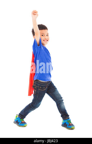 Super-héros héros heureux enfant lever la main Banque D'Images