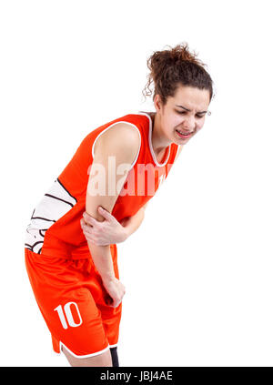 Basket-ball femme avec la douleur du coude Banque D'Images