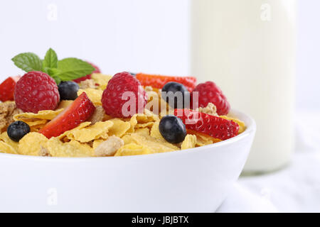 Früchte Muesli mit Erdbeeren und Himbeeren, Blaubeeren zum Frühstück Banque D'Images