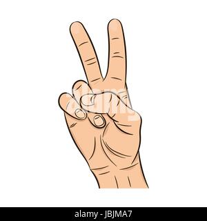 Main réaliste avec deux doigts levés. Victoire isolé sur fond blanc. la paix main'icône Symbole. Illustration de Vecteur