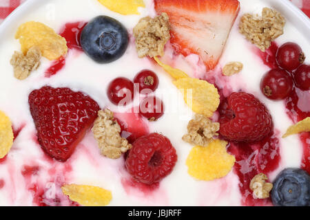 Früchte Muesli Yaourt mit Erdbeeren, Johannisbeeren Himbeeren, cornflakes, Blaubeeren und von oben Banque D'Images