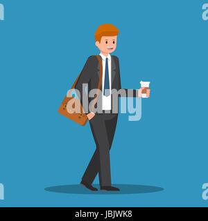 Businessman holding Coffee cup dans sa main et aller au travail. Illustration de Vecteur