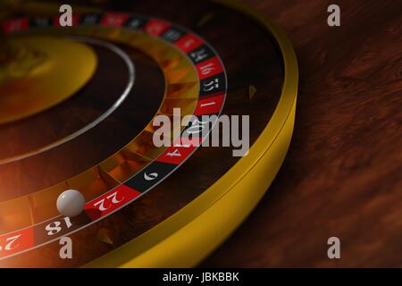 La roue de Roulette libre élégant Rendu 3D Illustration. La roulette sur la table en bois sombre. Banque D'Images