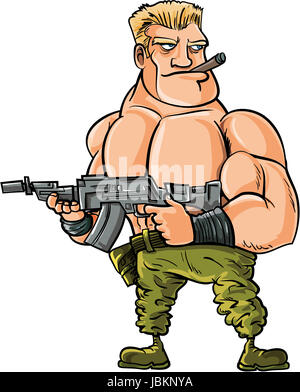 Muscle Cartoon soldat avec grosse machine gun. Isolé Banque D'Images
