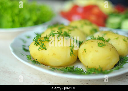 Les légumes frais biologiques et bouillie de pommes de terre nouvelles sur les plaques sur la table en bois. Close up, selective focus. Banque D'Images