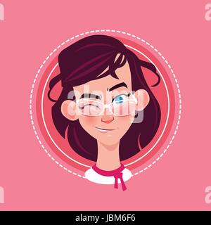 L'icône de profil femme émotion Avatar, femme Portrait Caricature Clin Face Happy Smiling Illustration de Vecteur