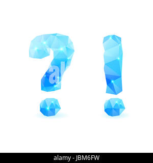 Bleu brillant font polygonal. Question de style Crystal et de points d'exclamation Banque D'Images