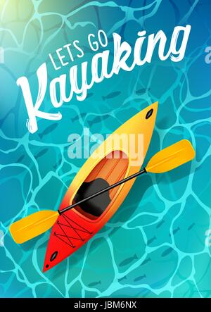 Vous permet de faire du kayak de mer l'eau de l'affiche de l'été vue d'en haut. Kayak et paddle Illustration de Vecteur