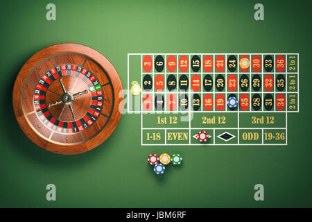 La roue de roulette de casino avec des jetons de casino sur le tableau vert. Arrière-plan de jeu. 3d illustration Banque D'Images
