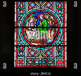 Trois Marie rencontrez l'Ange au tombeau vide, la Résurrection, le vitrail de la fenêtre, par Adolphe Didron de Paris, 1860, Feltwell, Norfolk, England, UK Banque D'Images