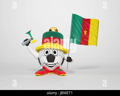 Un mignon et drôle personnage soccer tenant le drapeau national du Cameroun et d'un klaxon vêtus aux couleurs du Cameroun sur fond lumineux soutenir son équipe Banque D'Images