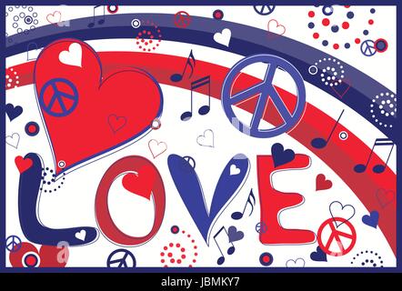 Amoureux de la paix et des Coeurs - concept abstrait collage de coeurs, les signes de paix et rainbow et le texte l'amour Illustration de Vecteur