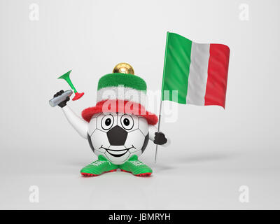 Un mignon et drôle personnage soccer tenant le drapeau national de l'Italie et une corne vêtus aux couleurs de l'Italie sur fond lumineux soutenir son équipe Banque D'Images