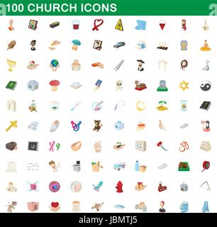 100 church icons set, cartoon style Illustration de Vecteur
