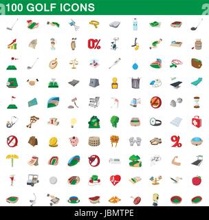 100 icons set golf, style cartoon Illustration de Vecteur