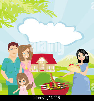 Family having barbecue dans le jardin Banque D'Images