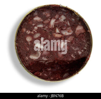 Une boîte de conserve ouverte remplie de boudin en blanc retour à l'ombre vu de dessus Banque D'Images