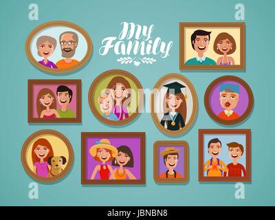 Photos de famille dans des cadres. Les gens, les parents et les enfants. Cartoon vector illustration Illustration de Vecteur