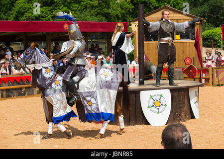 La guerre des roses au combat de reconstitution effectuée devant un public de touristes à Warwick Castle dans le Warwickshire. UK. (88) Banque D'Images