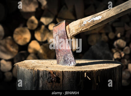 Vieille ax attaché à le tronc de l'arbre avec de jolis fond de bois. Banque D'Images