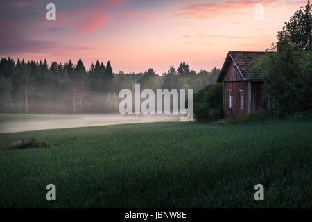 Paysage panoramique avec terrain et ancien chalet de nuit d'été en Finlande Banque D'Images