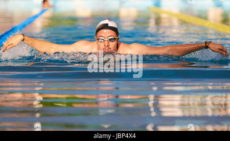 Homme natation style papillon en piscine en plein air aux beaux jours Banque D'Images