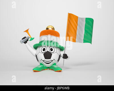 Un mignon et drôle personnage soccer tenant le drapeau national de la Côte d'Ivoire et d'un klaxon vêtus aux couleurs de la Côte d'Ivoire sur fond lumineux soutenir son équipe Banque D'Images