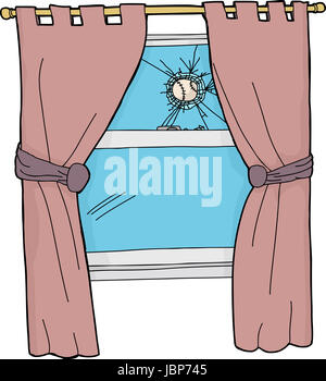 Baseball coincé dans la fenêtre brisée avec des rideaux Banque D'Images